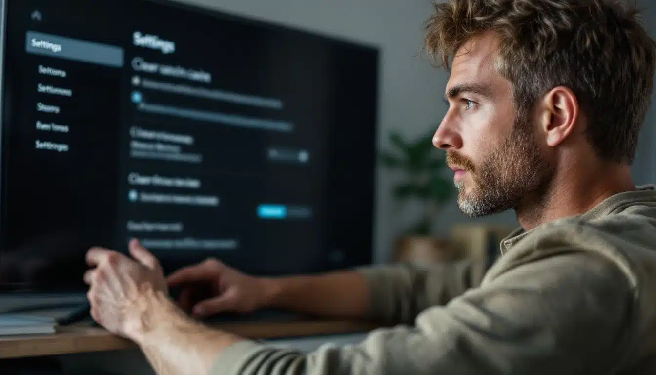 A man navigating Samsung TV settings to clear cache in cluttered living room.